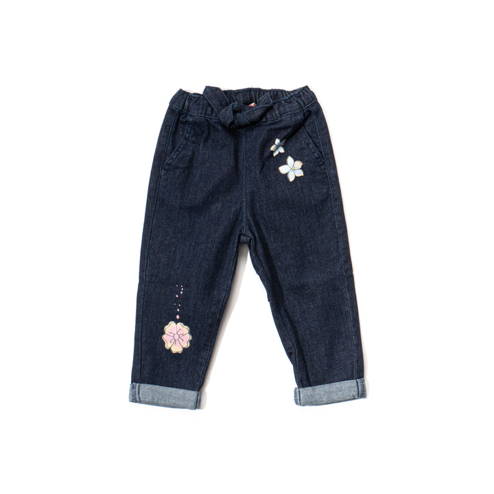 Indigo black jeans for girls, floral embossed prints above the hem and below the waist. A denim ribbon tie on waistband. Two front pockets included.Elasticated.  