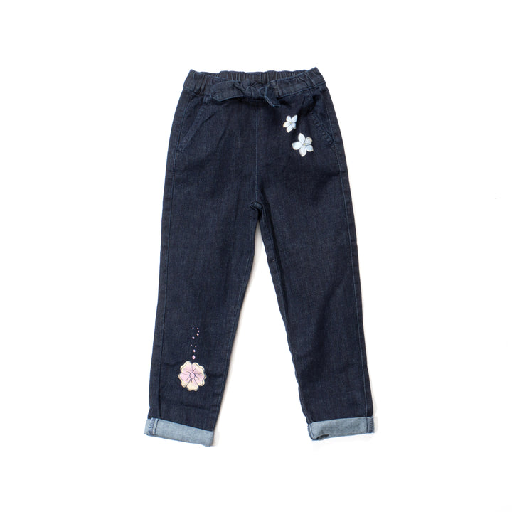 Indigo black jeans for girls, floral embossed prints above the hem and below the waist. A denim ribbon tie on waistband. Two front pockets included.Elasticated.  