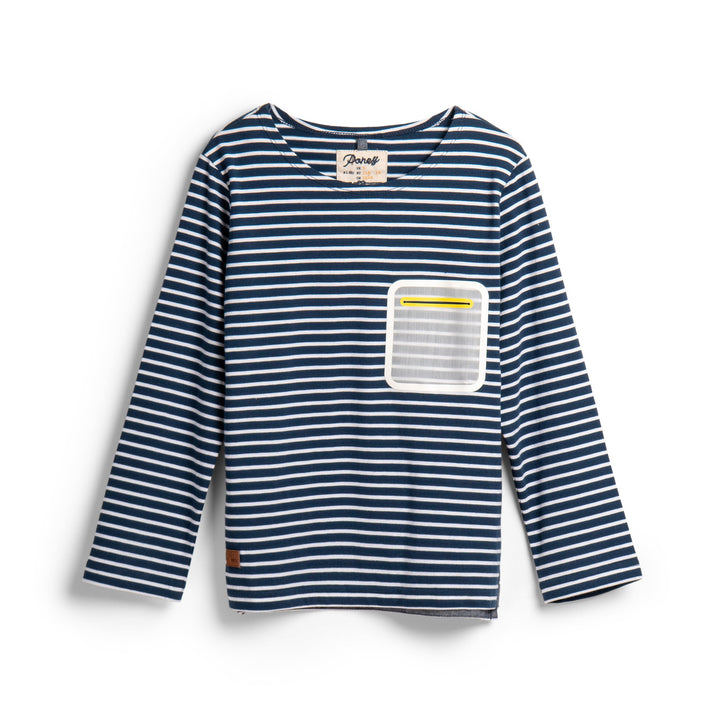 Stripped long sleeve, blue top, a grey pocket, poney logo strap. 