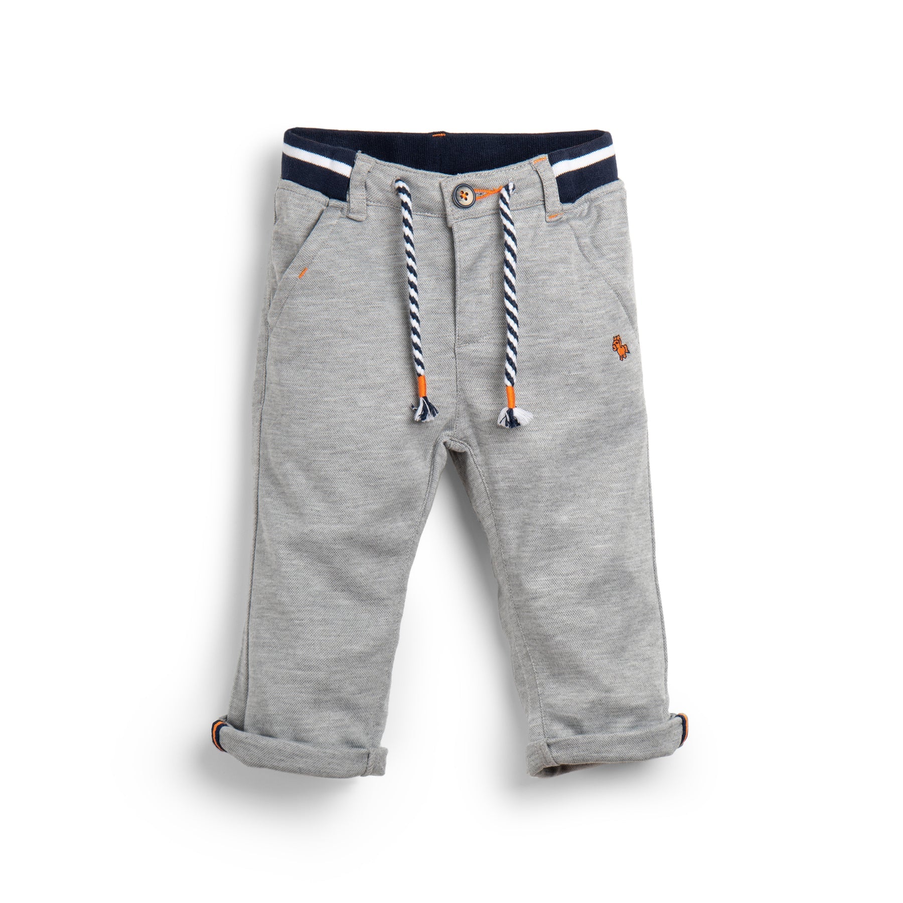 Melange Joggers, pockets included and embroidered logo Elasticated navy waistband, matching cords included.