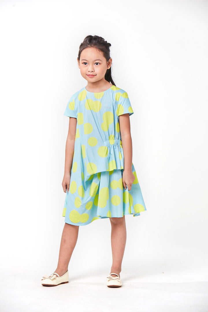 Blue and Neon yellow dotted dress, with elasticated frill on side, a zipper and embroidered logo added. 