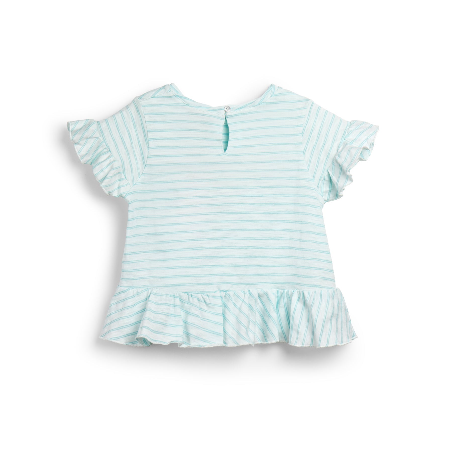 A green top, ruffled hem and frills stitched on the sleeves and a Buttoned nape.