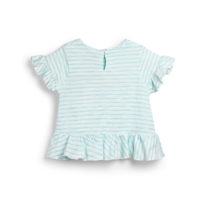 A green top, ruffled hem and frills stitched on the sleeves and a Buttoned nape.