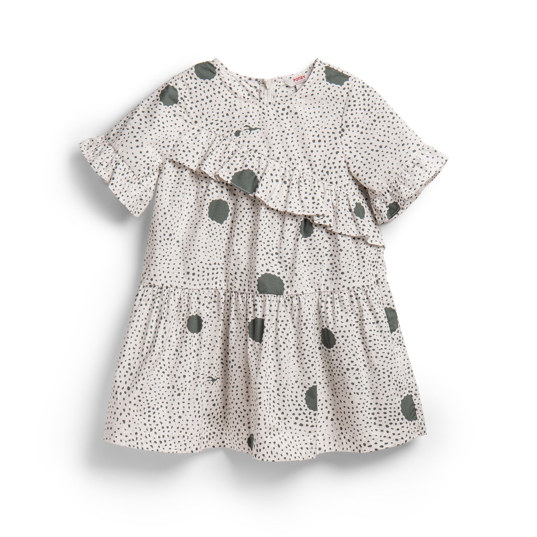 Green Polkadot, frilly dress with zippers at the back.