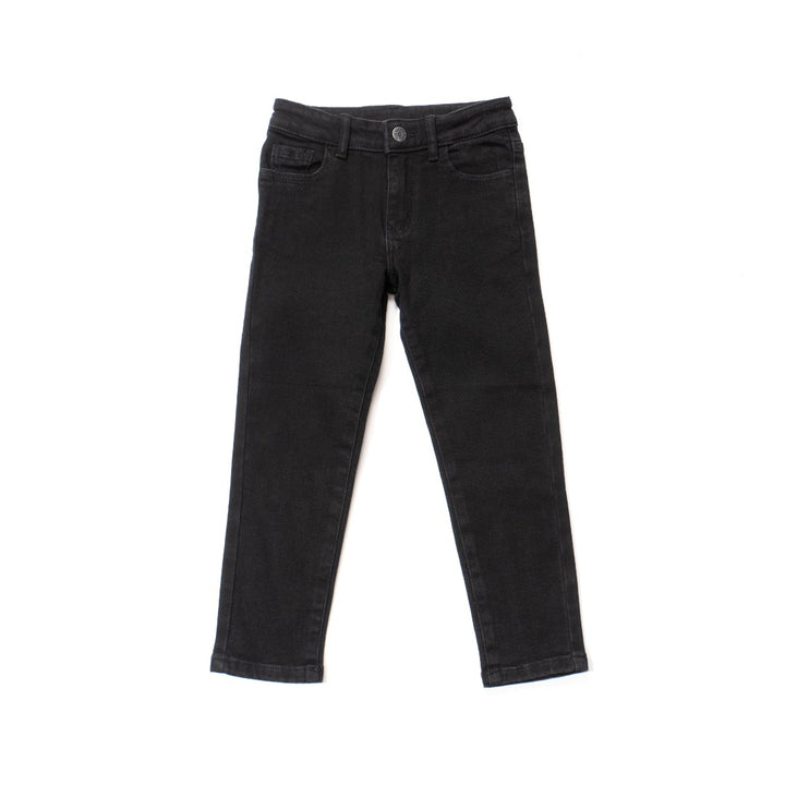 Elasticated Black Jeans, front zipper and button fastening. Embroidered back pockets, adjustable button included in the waist band.  