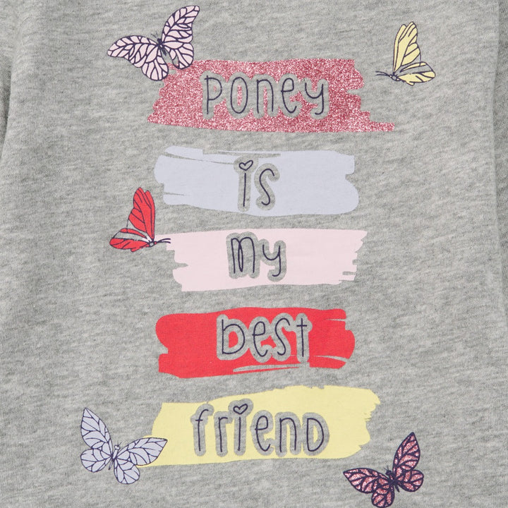 Melange Long Sleeve T-Shirt, with colourful embossed 'poney is my best friend' print. Fastened at the back.