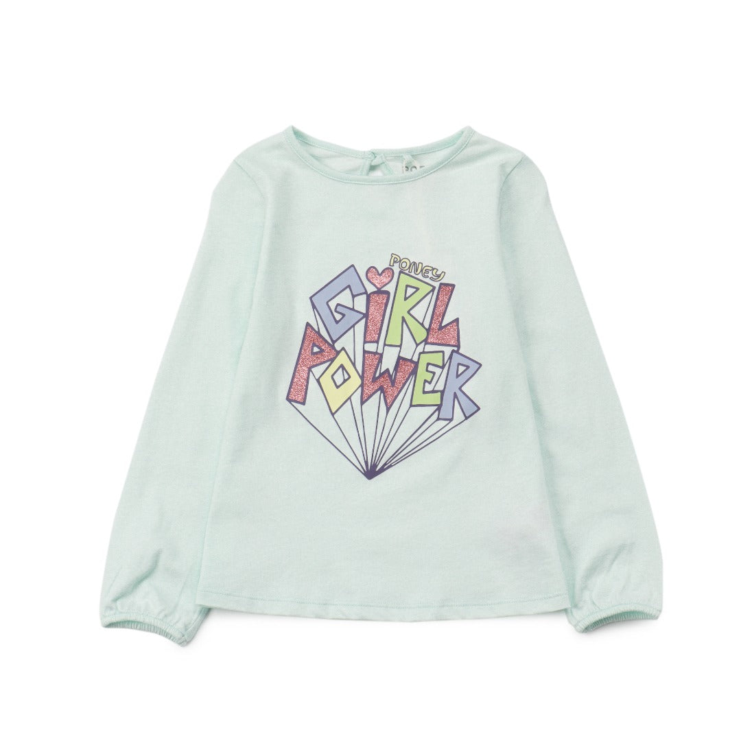 Girl-Power embossed light green, long sleeve t-shirt, buttoned at the back