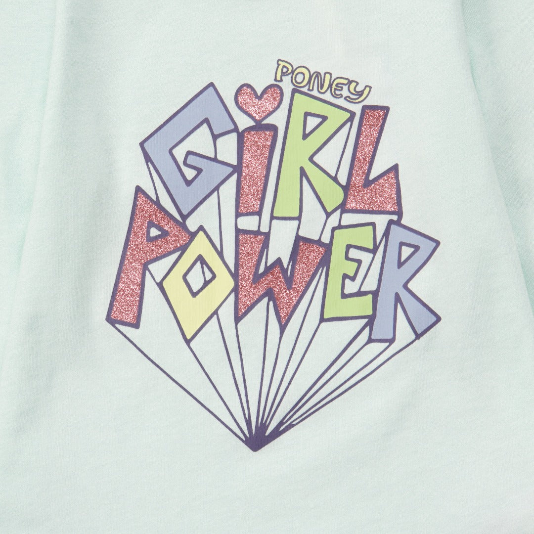 Girl-Power embossed light green, long sleeve t-shirt, buttoned at the back