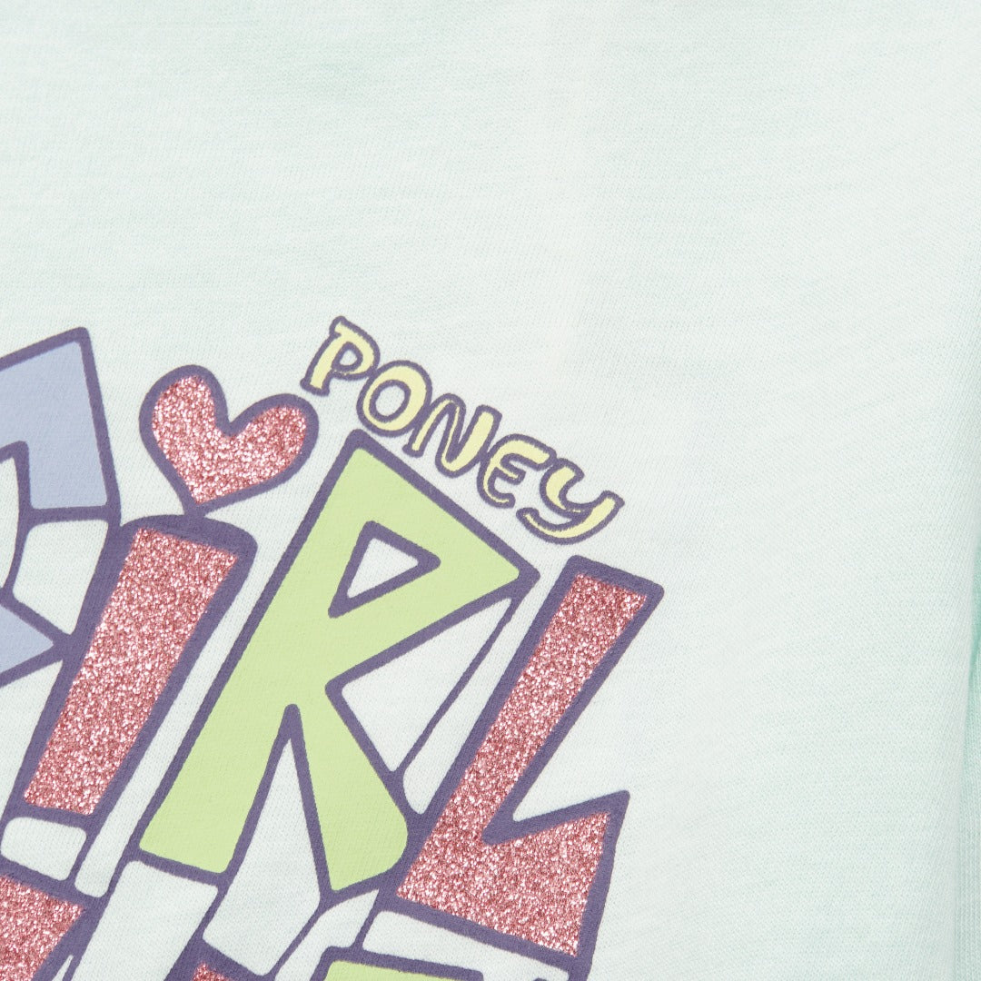 Girl-Power embossed light green, long sleeve t-shirt, buttoned at the back