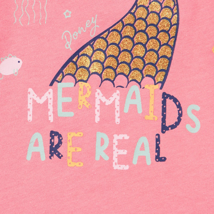 Pink Long Sleeve t-shirt with "mermaids are real" caption, buttoned at the back.