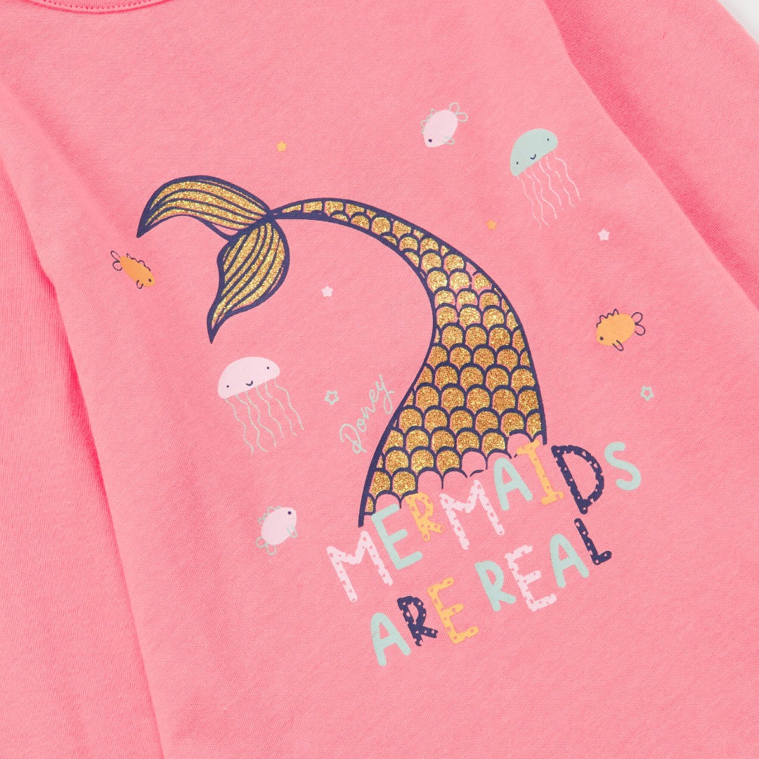 Pink Long Sleeve t-shirt with "mermaids are real" caption, buttoned at the back.