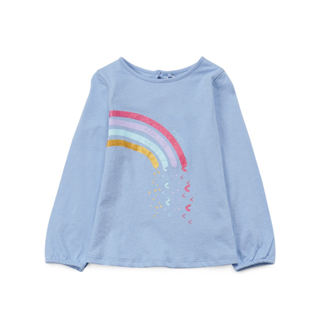 Long sleeve rainbow t-shirt, a "poney makes me happy" caption. Buttoned at the back. 