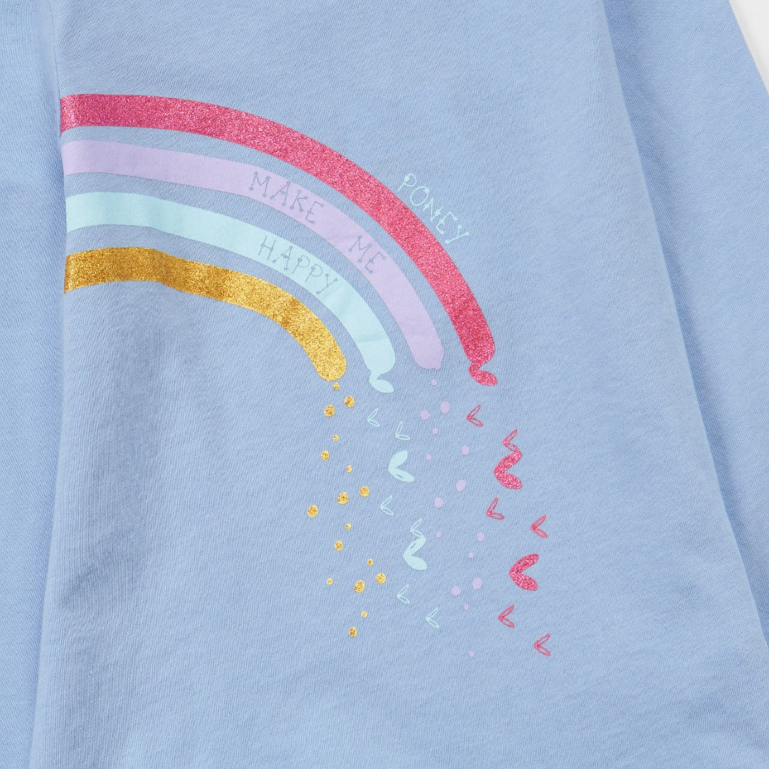 Long sleeve rainbow t-shirt, a "poney makes me happy" caption. Buttoned at the back.