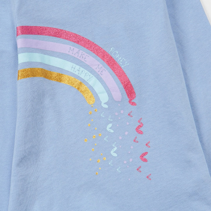 Long sleeve rainbow t-shirt, a "poney makes me happy" caption. Buttoned at the back.