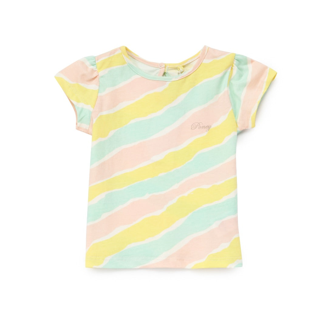 Multi-color t-shirt, short sleeve, buttoned nape. 