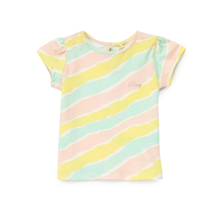 Multi-color t-shirt, short sleeve, buttoned nape. 