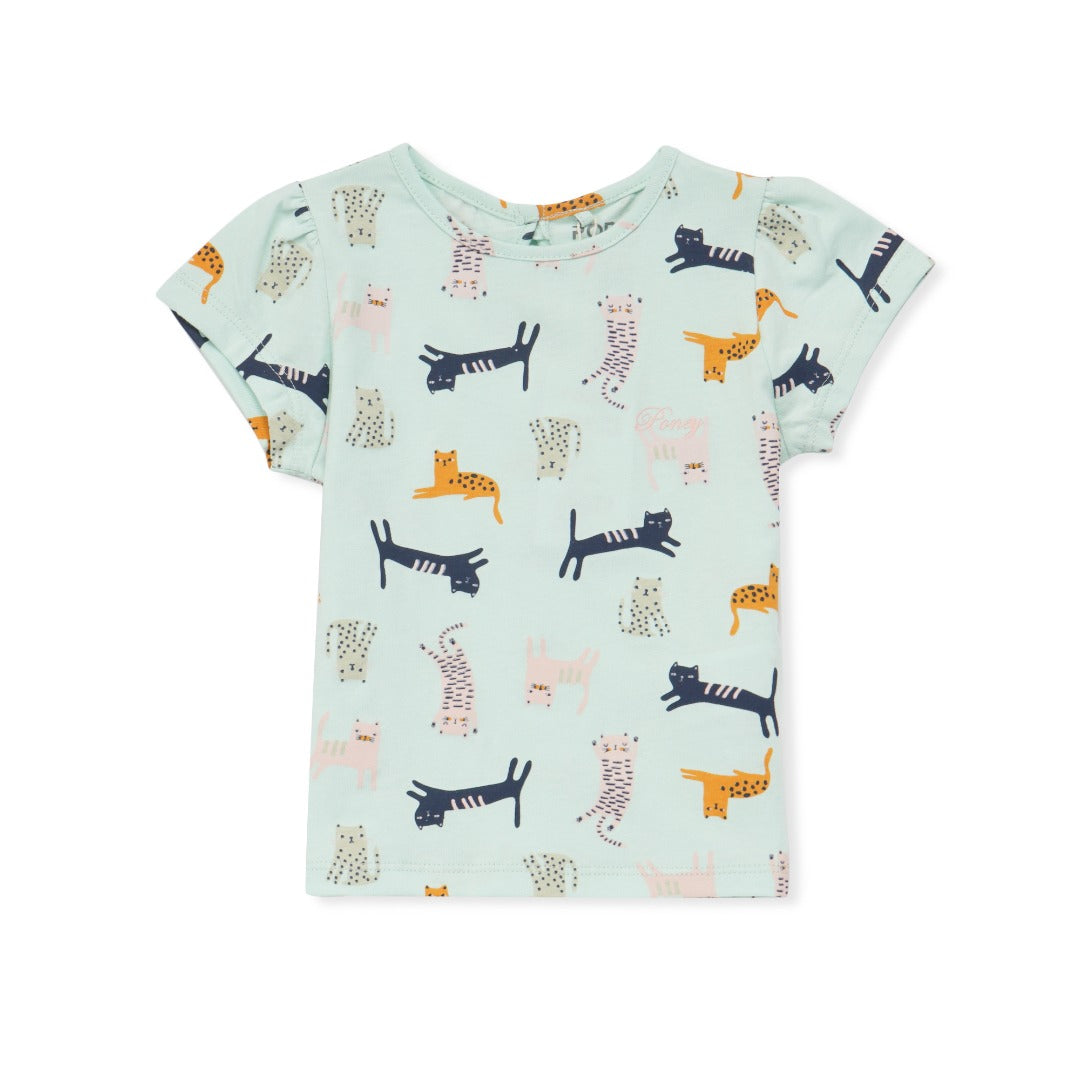 Green Falling Cats t-shirt, short sleeve and a buttoned nape. 