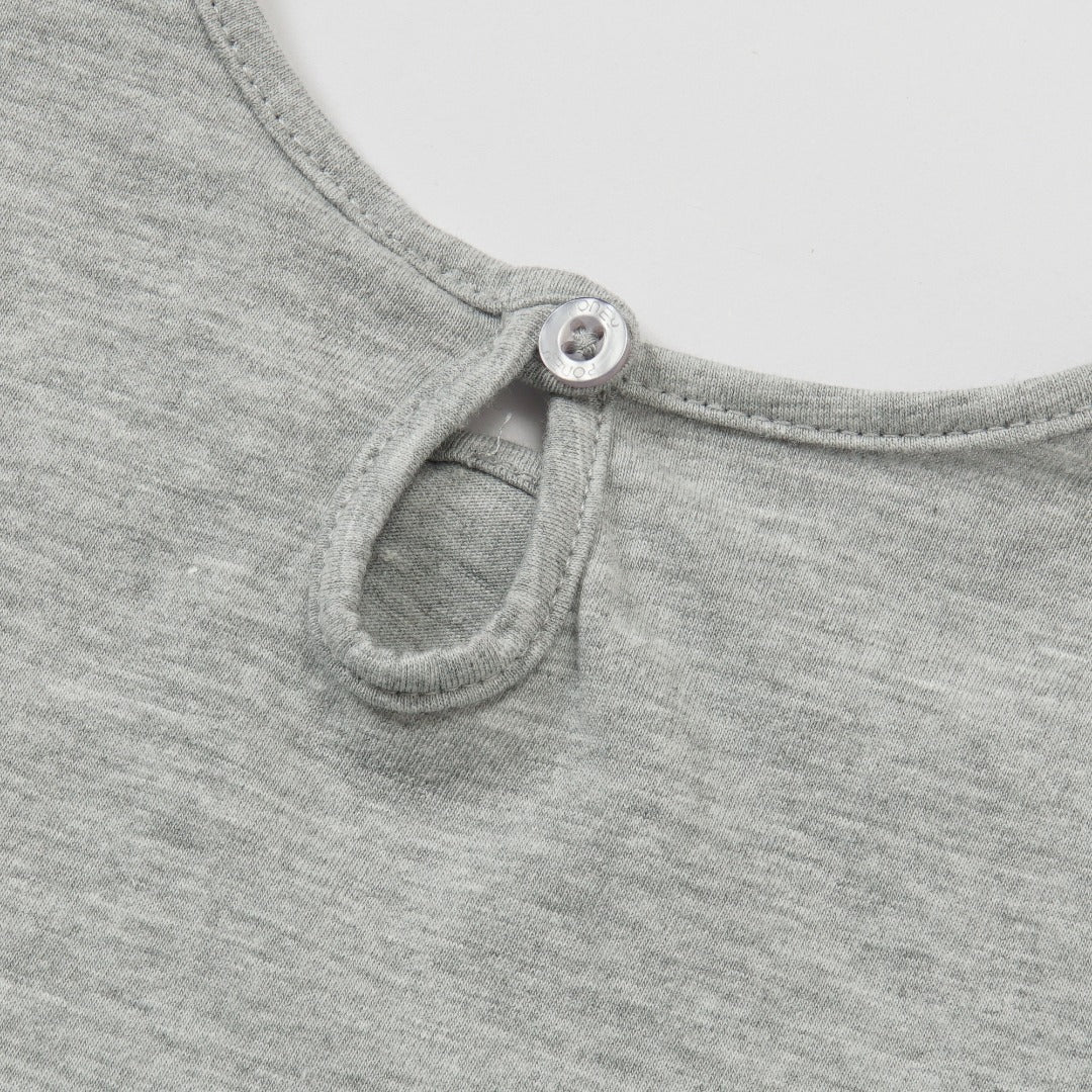 Cool grey t-shirt with melony shades embossed prints and a poney logo, shirt is buttoned at the back.