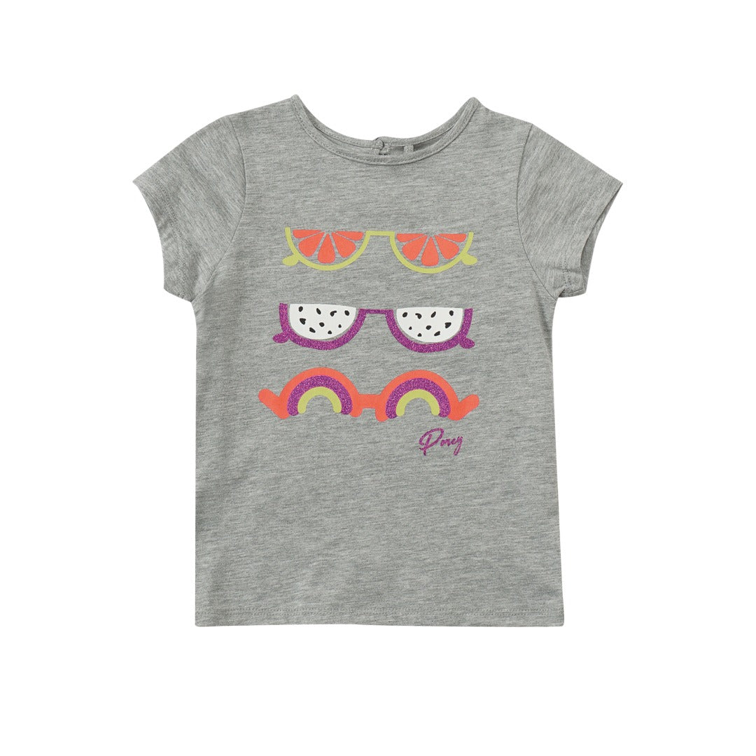 Cool grey t-shirt with melony shades embossed prints and a poney logo, shirt is buttoned at the back.