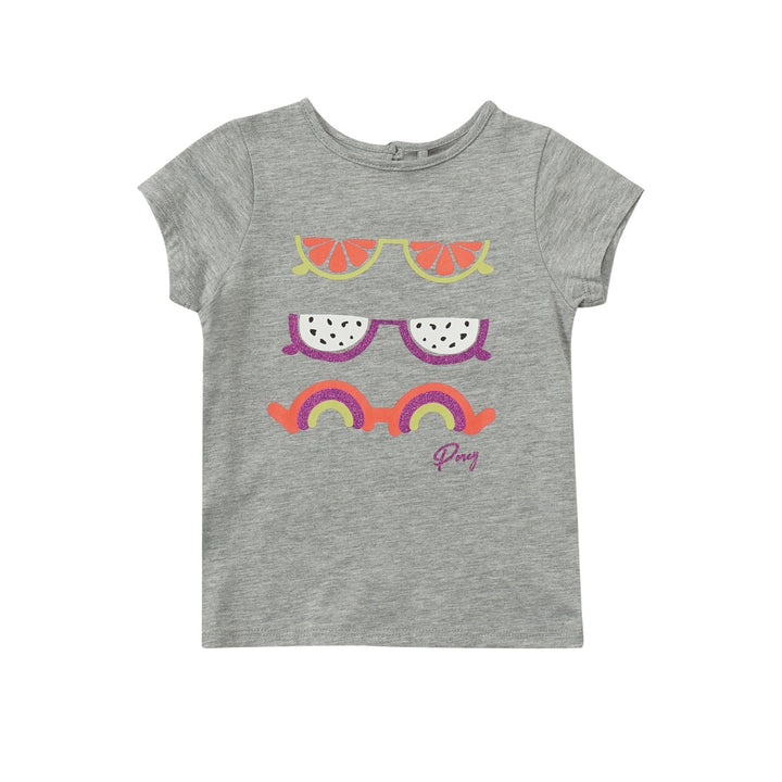 Cool grey t-shirt with melony shades embossed prints and a poney logo, shirt is buttoned at the back.