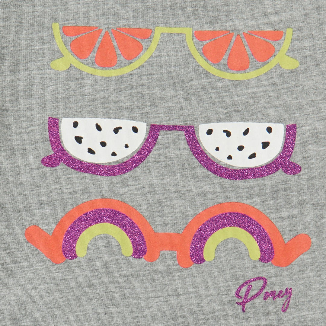 Cool grey t-shirt with melony shades embossed prints and a poney logo, shirt is buttoned at the back.