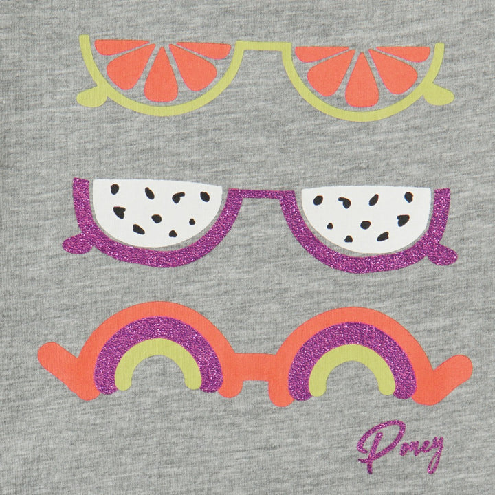 Cool grey t-shirt with melony shades embossed prints and a poney logo, shirt is buttoned at the back.