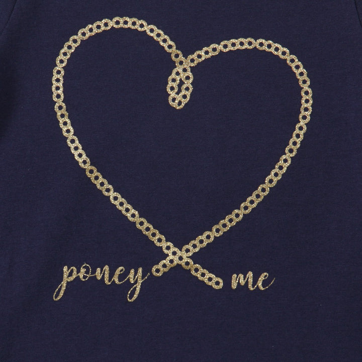 Short sleeve navy blue top with golden embossed "poney loves me" message. Nape is button tied.