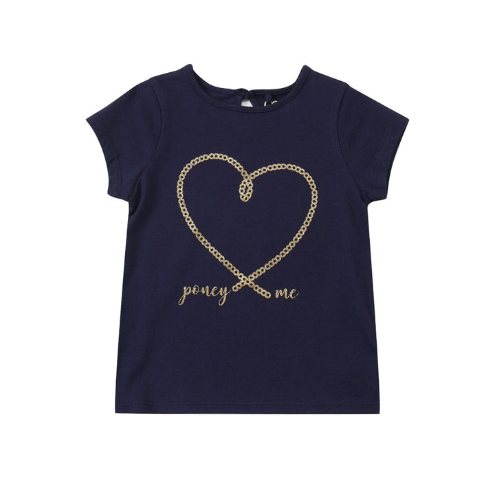 Short sleeve navy blue top with golden embossed "poney loves me" message. Nape is button tied.