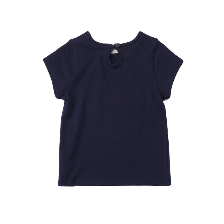 Short sleeve navy blue top with golden embossed "poney loves me" message. Nape is button tied.