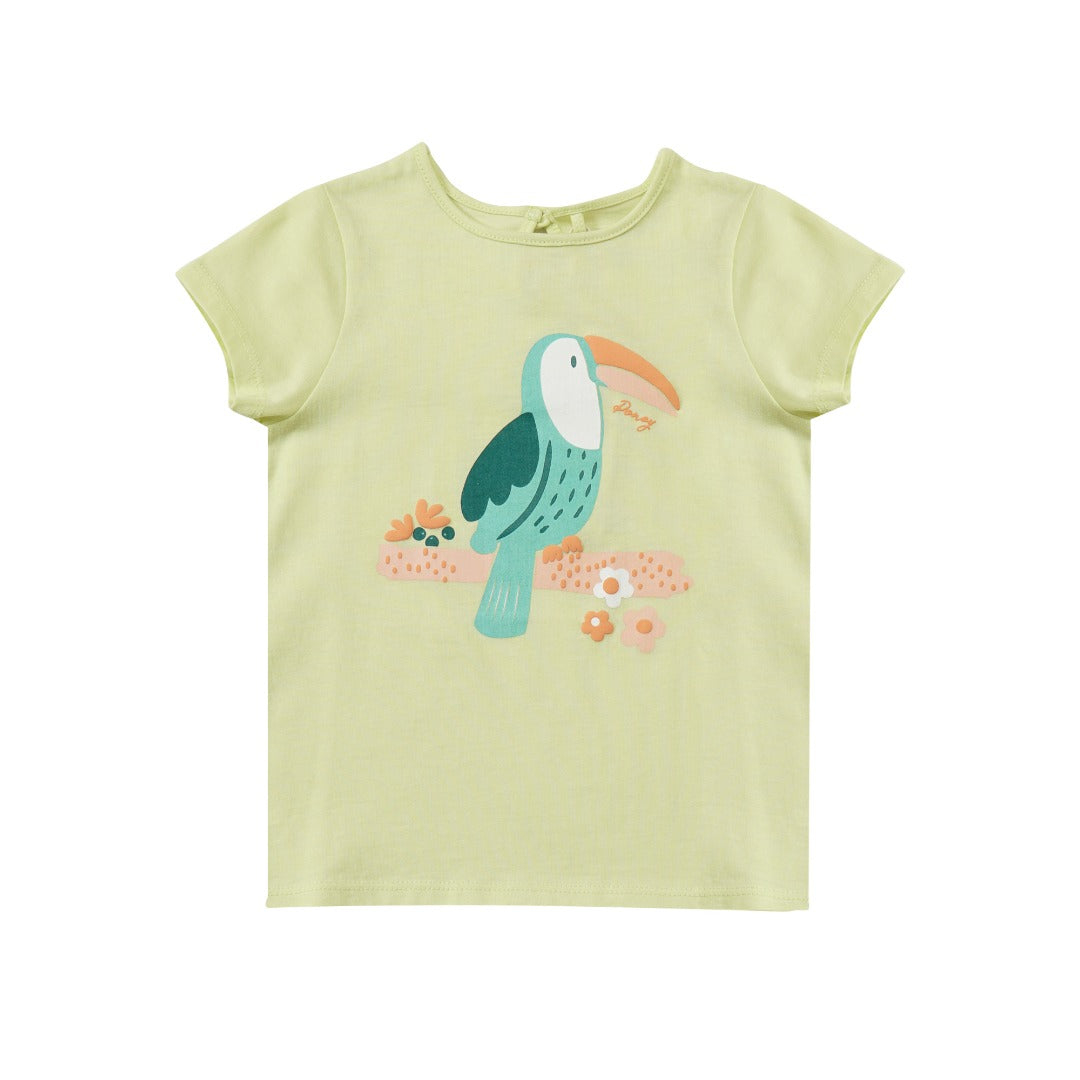 Light Green Short Sleeve t-shirt, cute cartoon toucan printed, and a buttoned nape. 