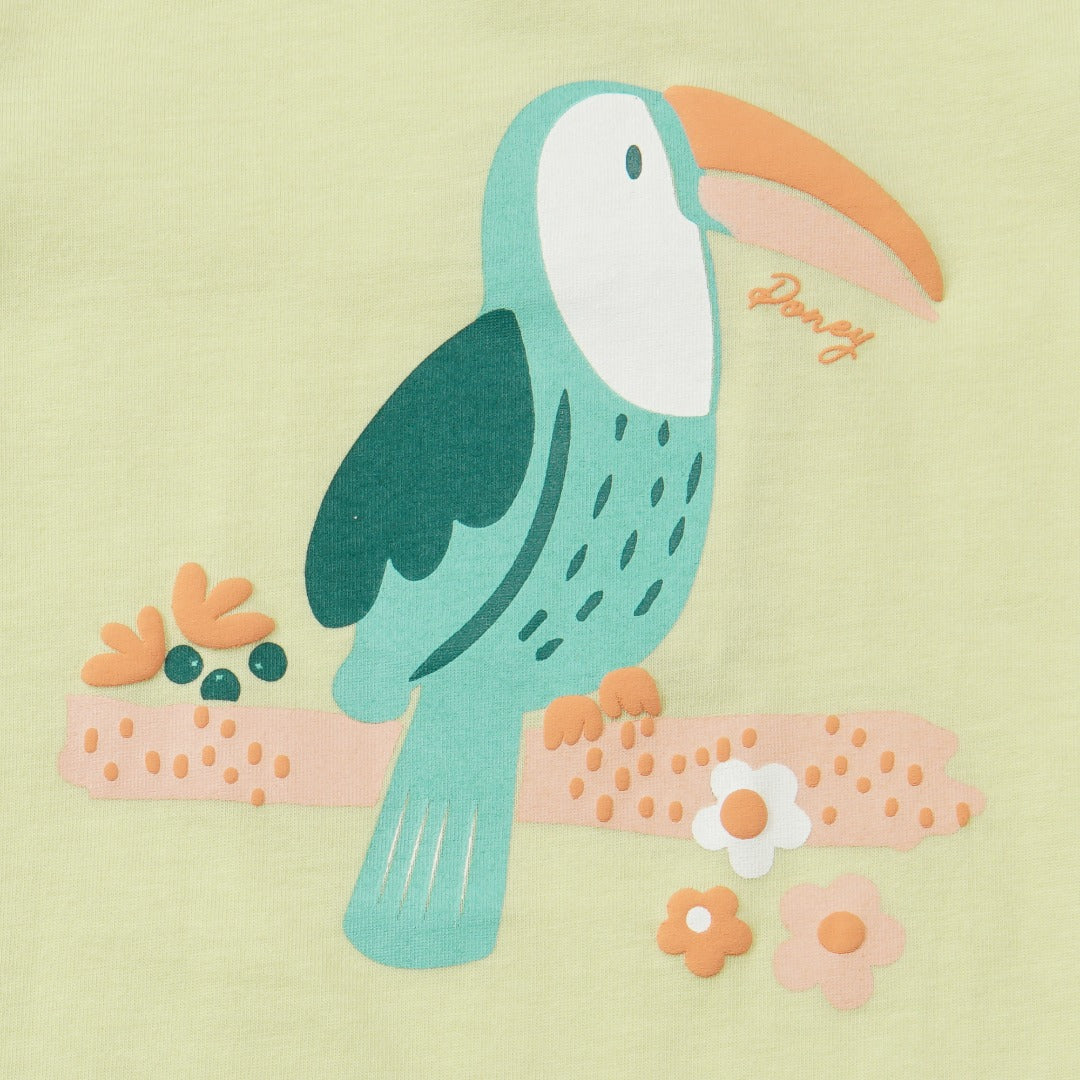 Light Green Short Sleeve t-shirt, cute cartoon toucan printed, and a buttoned nape.