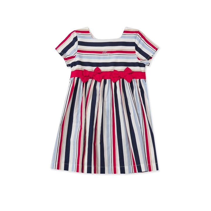 Wide striped multi-color dress, a red double bow belt, and zipper at the back. 