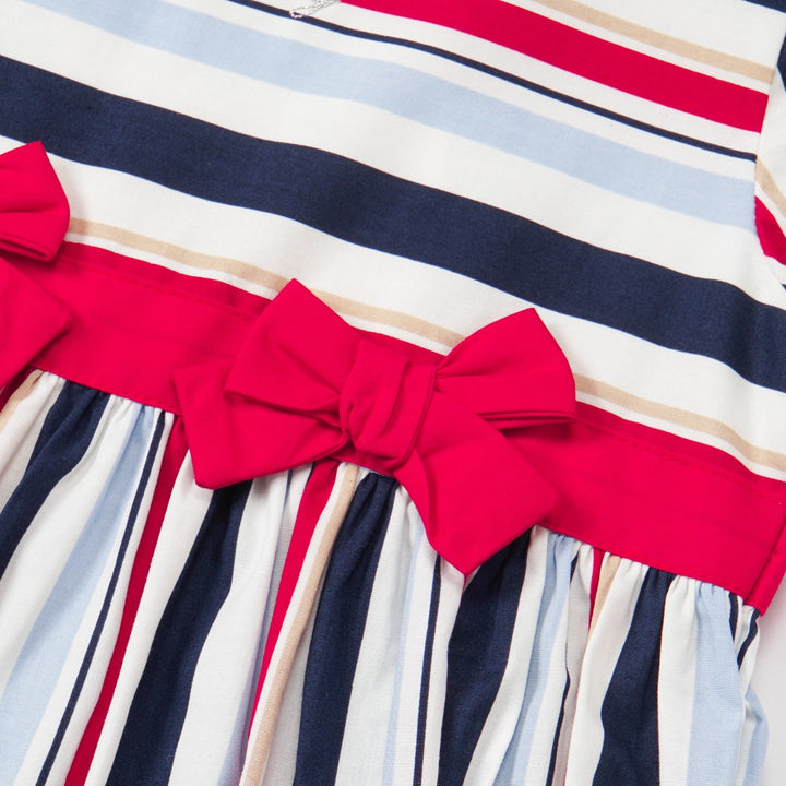 Wide striped multi-color dress, a red double bow belt, and zipper at the back.