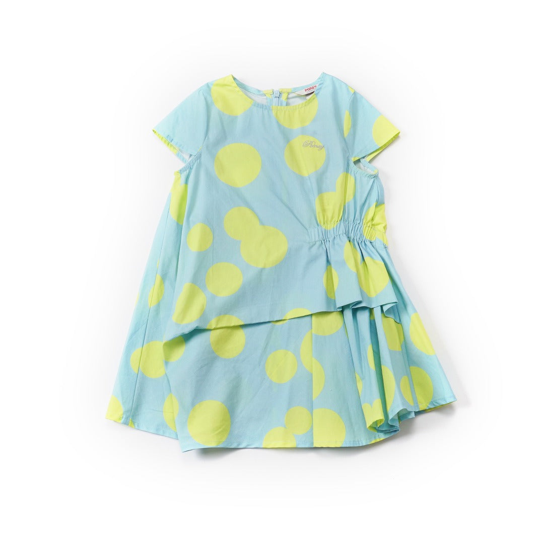 Blue and Neon yellow dotted dress, with elasticated frill on side, a zipper and embroidered logo added. 