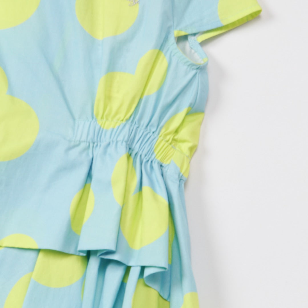 Blue and Neon yellow dotted dress, with elasticated frill on side, a zipper and embroidered logo added. 