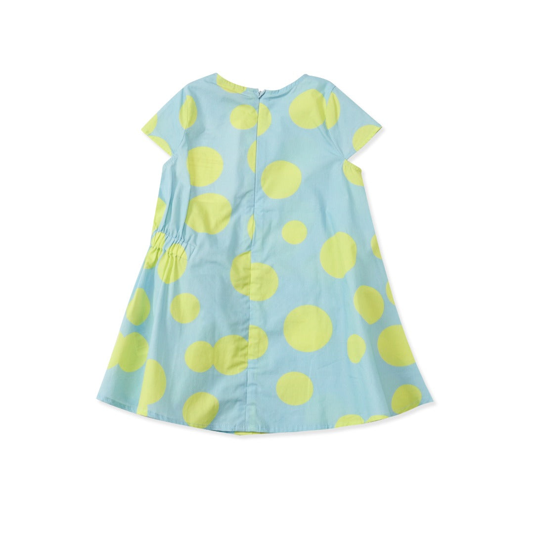 Blue and Neon yellow dotted dress, with elasticated frill on side, a zipper and embroidered logo added. 