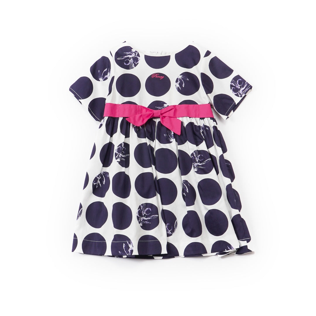 Navy and White Polka dot frock, Short Sleeve, Magenta bow-belt and an embroidered pink poney logo. 