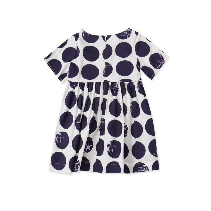 Navy and White Polka dot frock, Short Sleeve, Magenta bow-belt and an embroidered pink poney logo. 