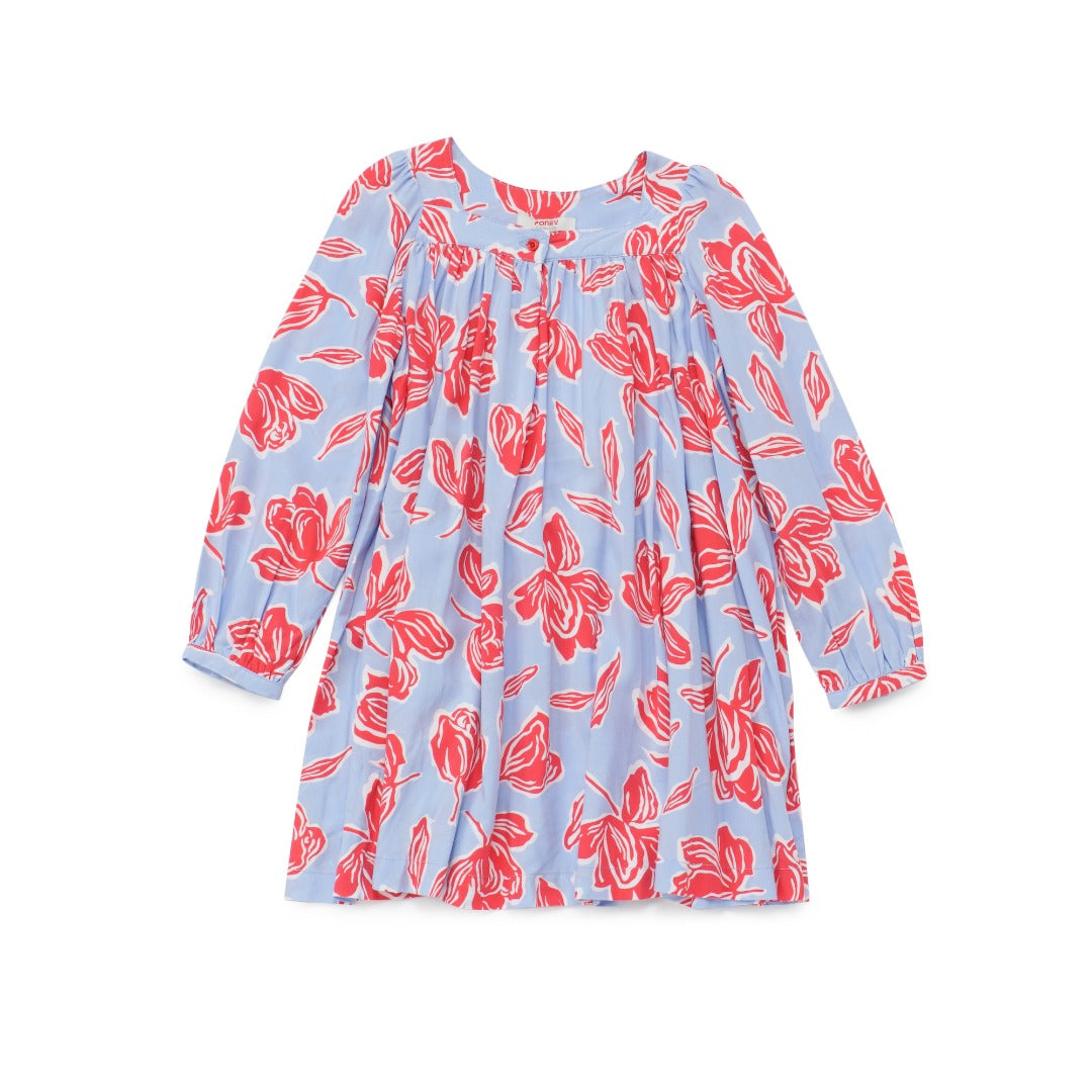 Blue & Red Floral Printed Dress, Long sleeves, short chested, front buttoned. 