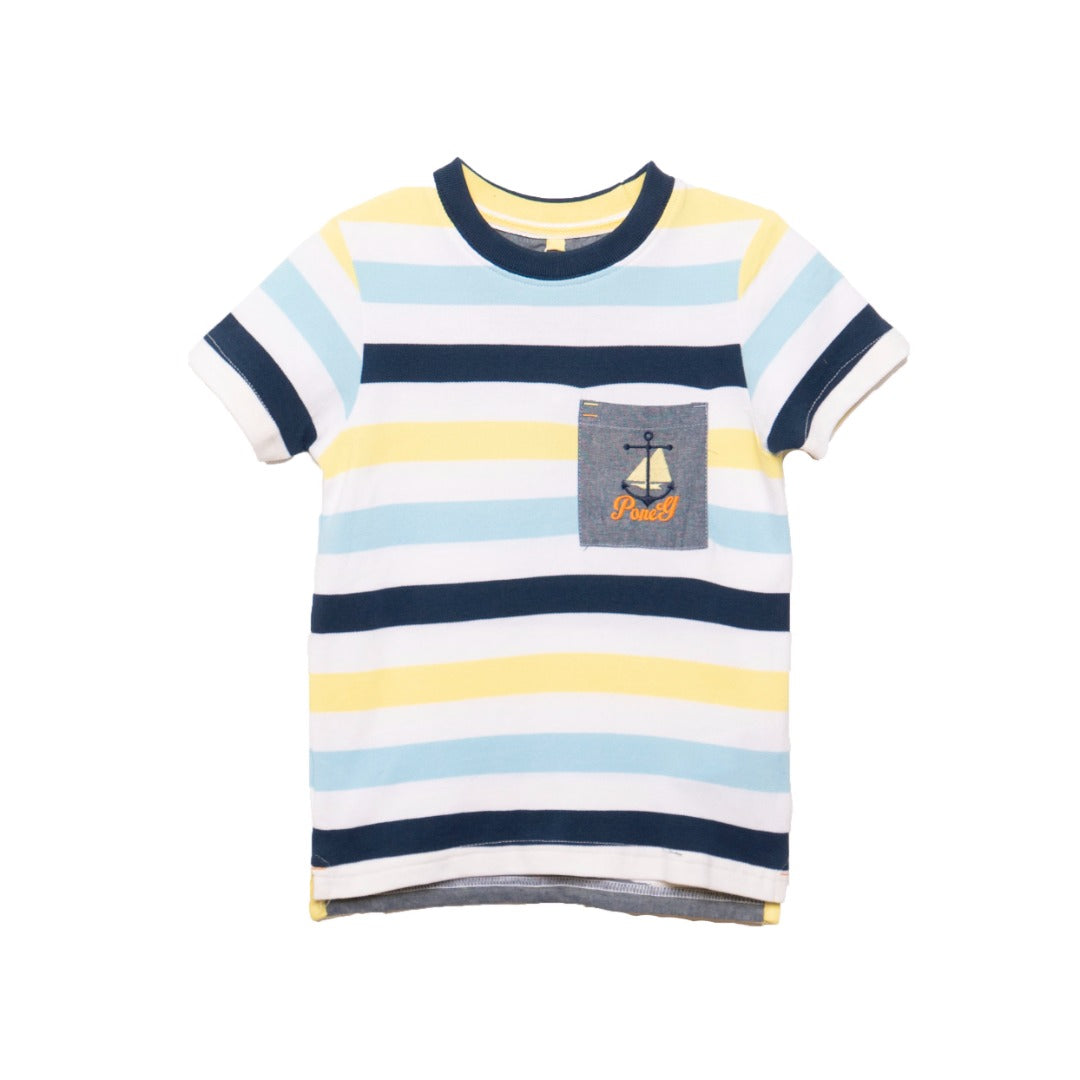 Navy, yellow and skyblue lining top, sailor grey pocket logo. 