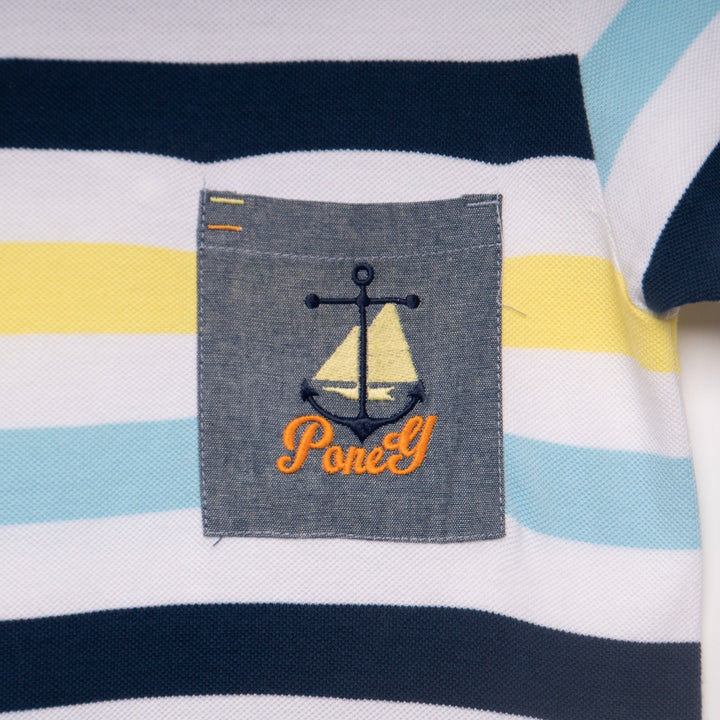 Navy, yellow and skyblue lining top, sailor grey pocket logo. 