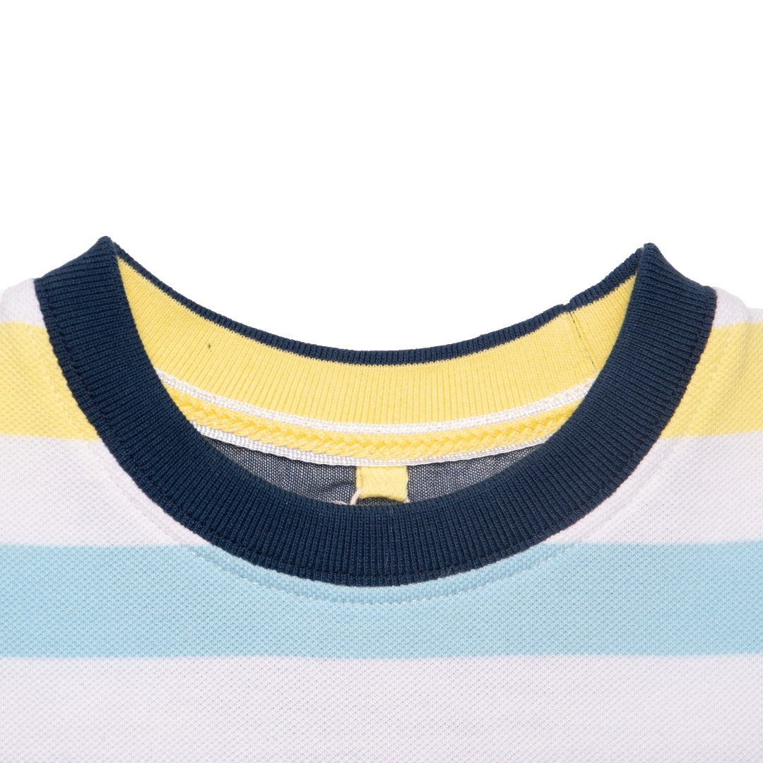 Navy, yellow and skyblue lining top, sailor grey pocket logo. 