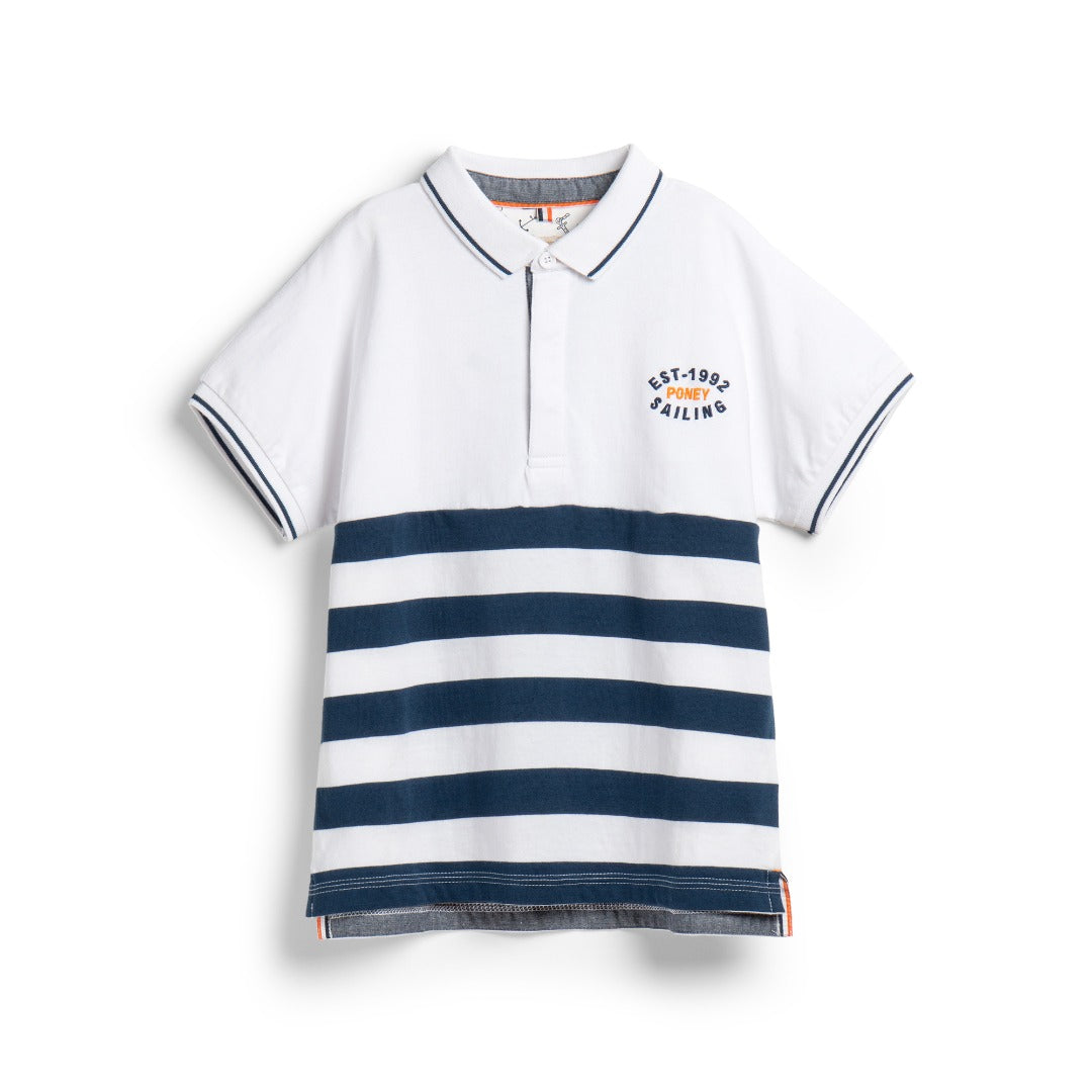 Cotton White Polo, Poney Logo, Blue Stripes, Front button fastening, Rib-knit collar.