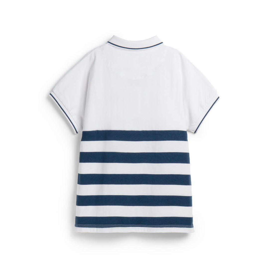 Cotton White Polo, Poney Logo, Blue Stripes, Front button fastening, Rib-knit collar.