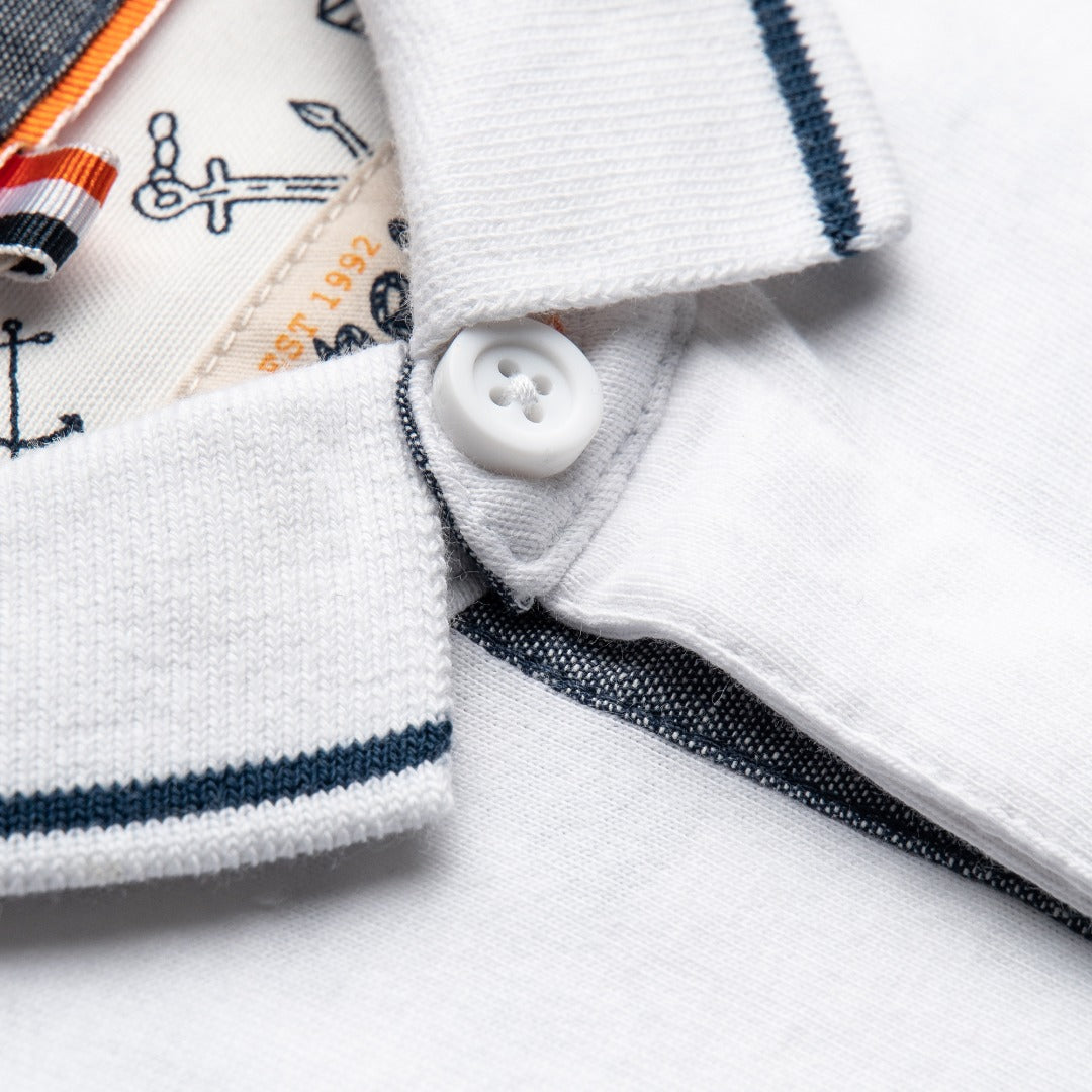 Cotton White Polo, Poney Logo, Blue Stripes, Front button fastening, Rib-knit collar.