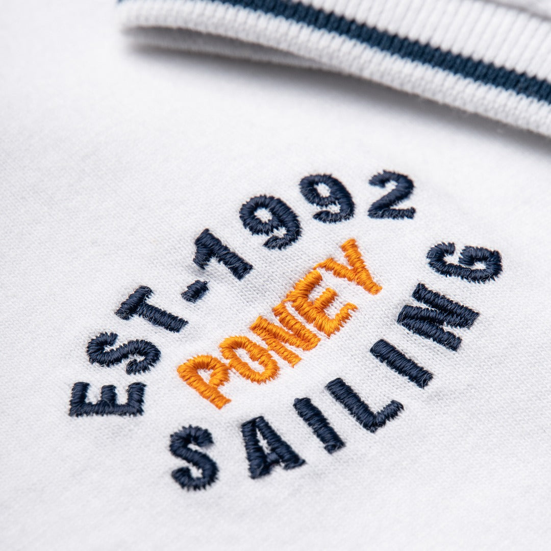 Cotton White Polo, Poney Logo, Blue Stripes, Front button fastening, Rib-knit collar.