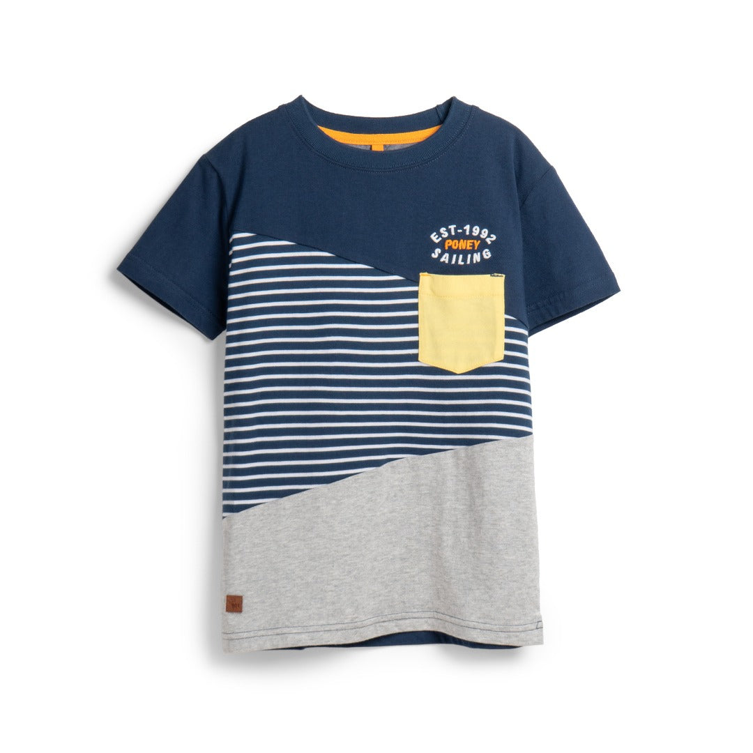 Navy, Lining and grey top, a yellow pocket, poney logo strap on the left. 