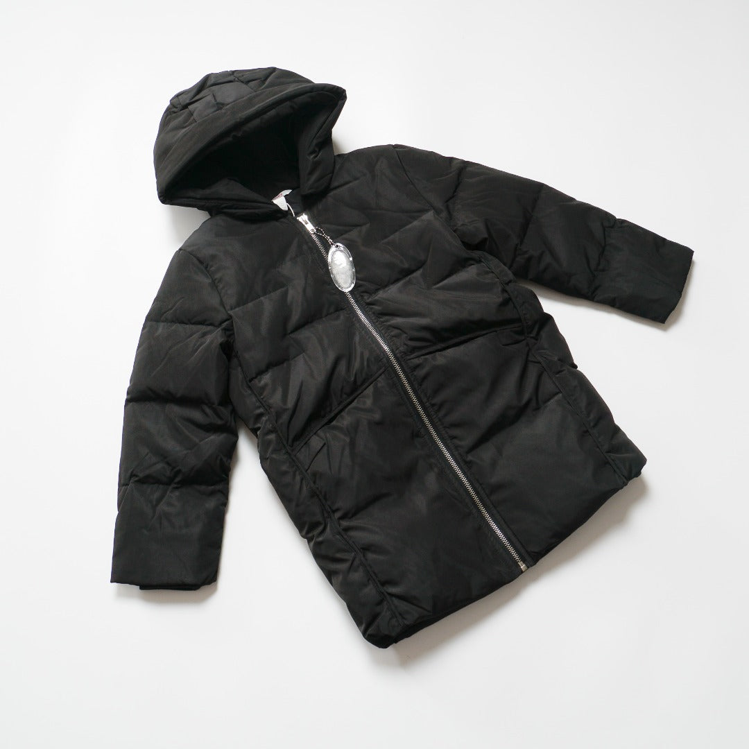 Hooded, Black, Heavily padded jacket. Front zipper, long sleeves and large front pocket. 