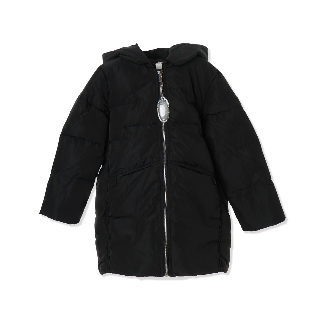 Hooded, Black, Heavily padded jacket. Front zipper, long sleeves and large front pocket. 