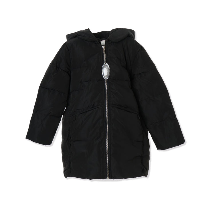 Hooded, Black, Heavily padded jacket. Front zipper, long sleeves and large front pocket. 